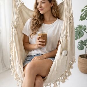 Tassel Hammock Swing Chair Bed | Brazilian Macrame Fringe | 1 Person | Pocket